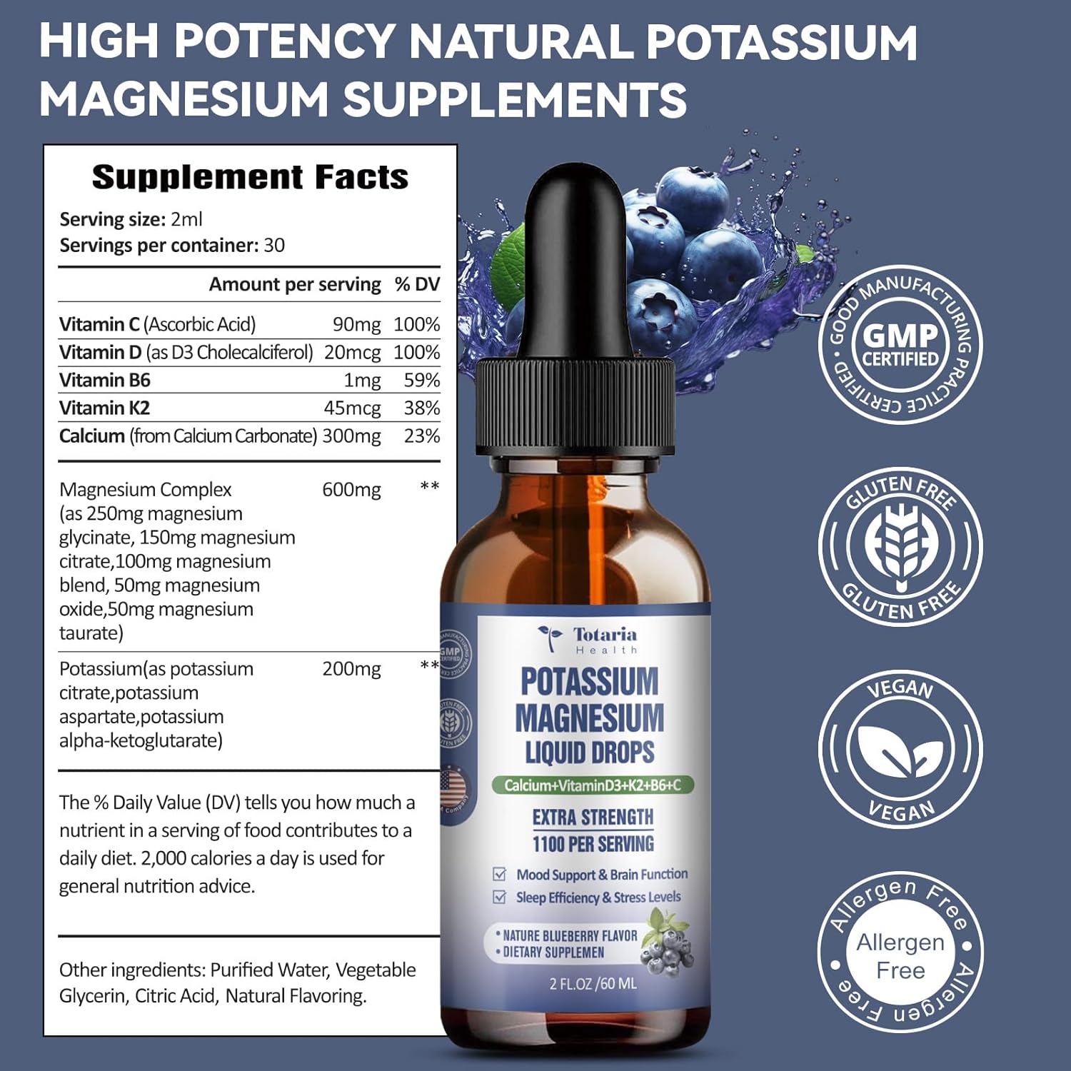 Potassium Magnesium Liquid Drops with Vitamin K2 - High Absorption Complex for Bone and Muscle Support with Blueberry Flavor