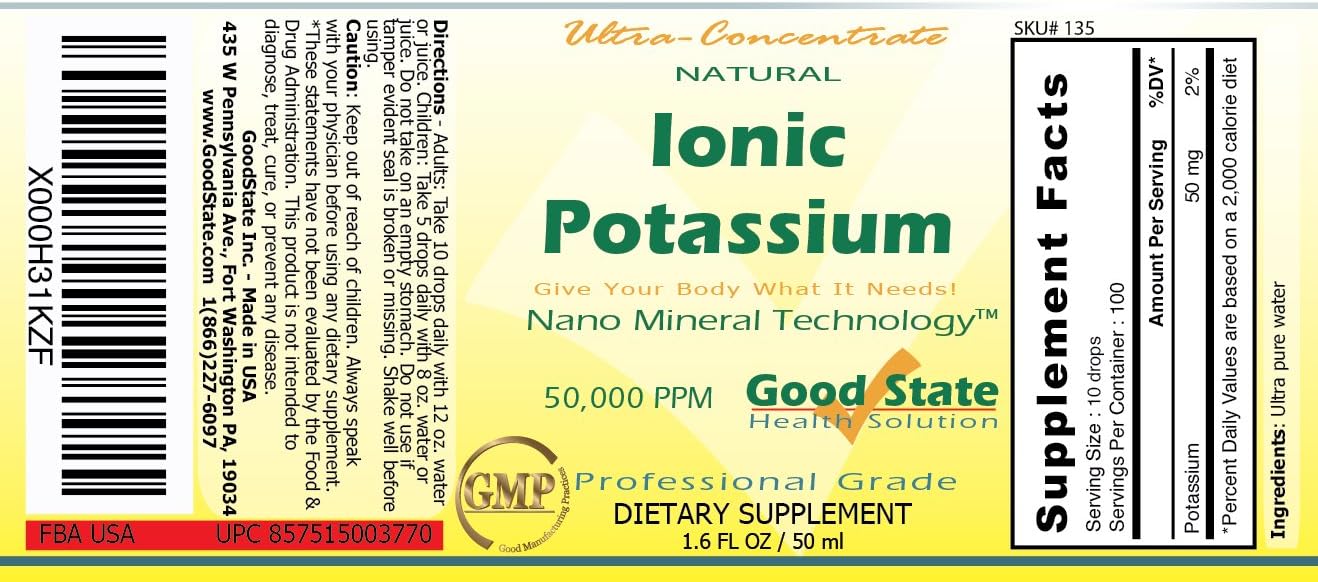 Potassium Ultra Concentrate Liquid Ionic Minerals - 100 Servings - 1.6 Fl.oz/50ml - Dietary Supplement