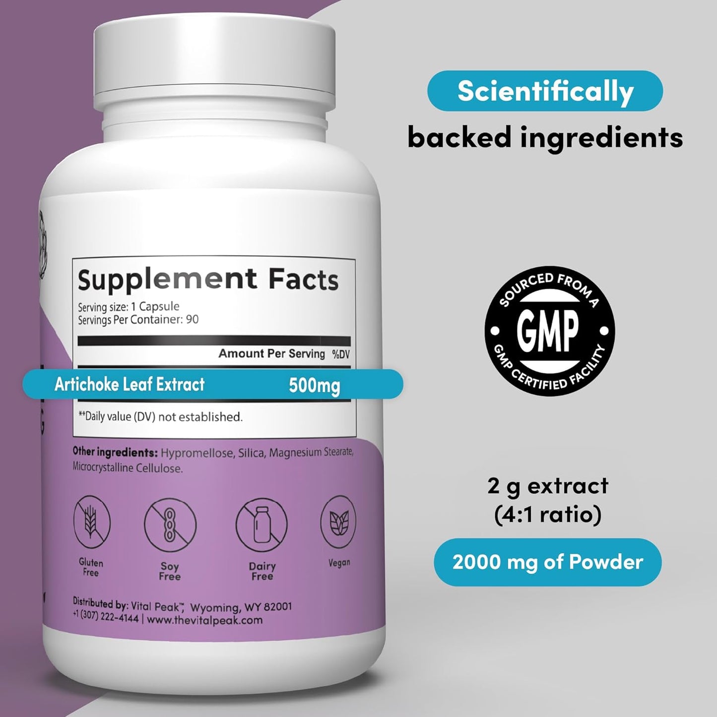 Potent 500mg Artichoke Leaf Extract Capsules - Natural Supplement for Vital Peak Health - 60 Capsules