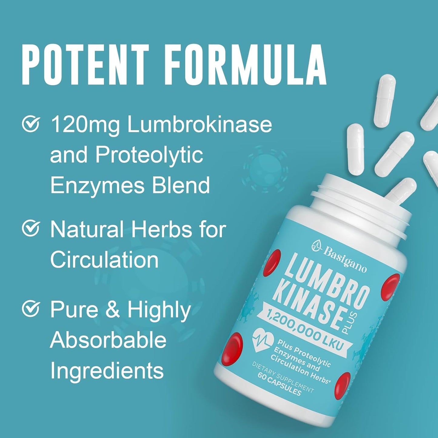 Potent Basigano Lumbrokinase Supplement 120mg Capsules - 1.2 Million LKU, Herbal Blend & Proteolytic Enzymes