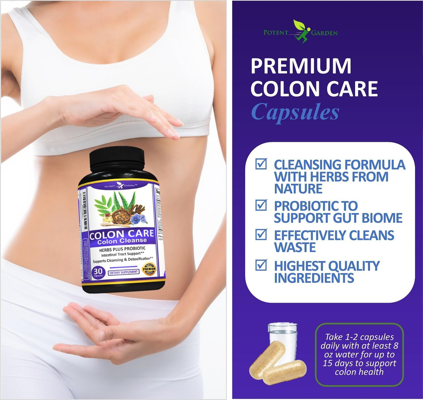 Potent Garden 15-Day Colon Cleanse & Detox for Digestive Health - Fiber, Herbs & Probiotics for Energy Support - 30 Capsules
