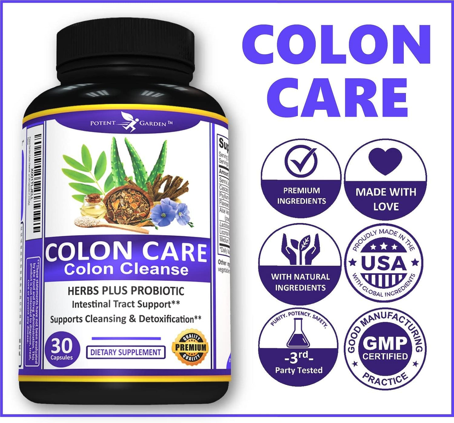Potent Garden 15-Day Colon Cleanse & Detox for Digestive Health - Fiber, Herbs & Probiotics for Energy Support - 30 Capsules