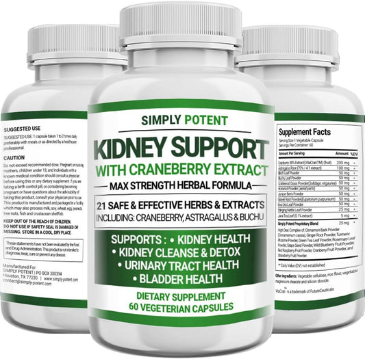 Potent Kidney Support Supplement with 21 Herbs for Health & Repair - Kidney Cleanse Detox Formula with Cranberry, Astragalus, Juniper - 60 Capsules