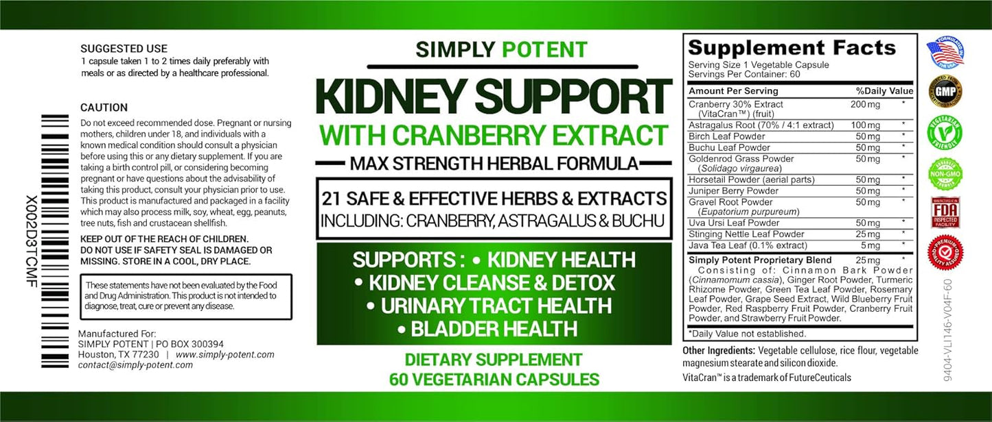 Potent Kidney Support Supplement with 21 Herbs for Health & Repair - Kidney Cleanse Detox Formula with Cranberry, Astragalus, Juniper - 60 Capsules
