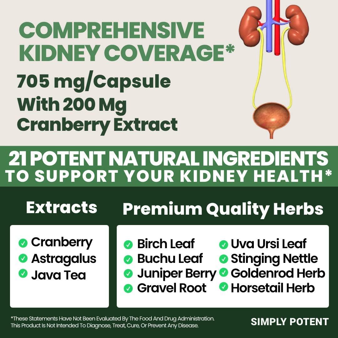 Potent Kidney Support Supplement with 21 Herbs for Health & Repair - Kidney Cleanse Detox Formula with Cranberry, Astragalus, Juniper - 60 Capsules