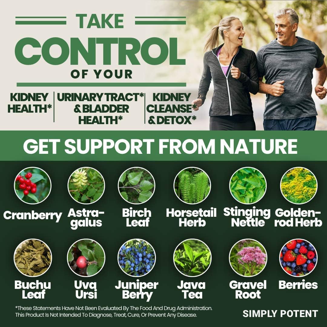 Potent Kidney Support Supplement with 21 Herbs for Health & Repair - Kidney Cleanse Detox Formula with Cranberry, Astragalus, Juniper - 60 Capsules