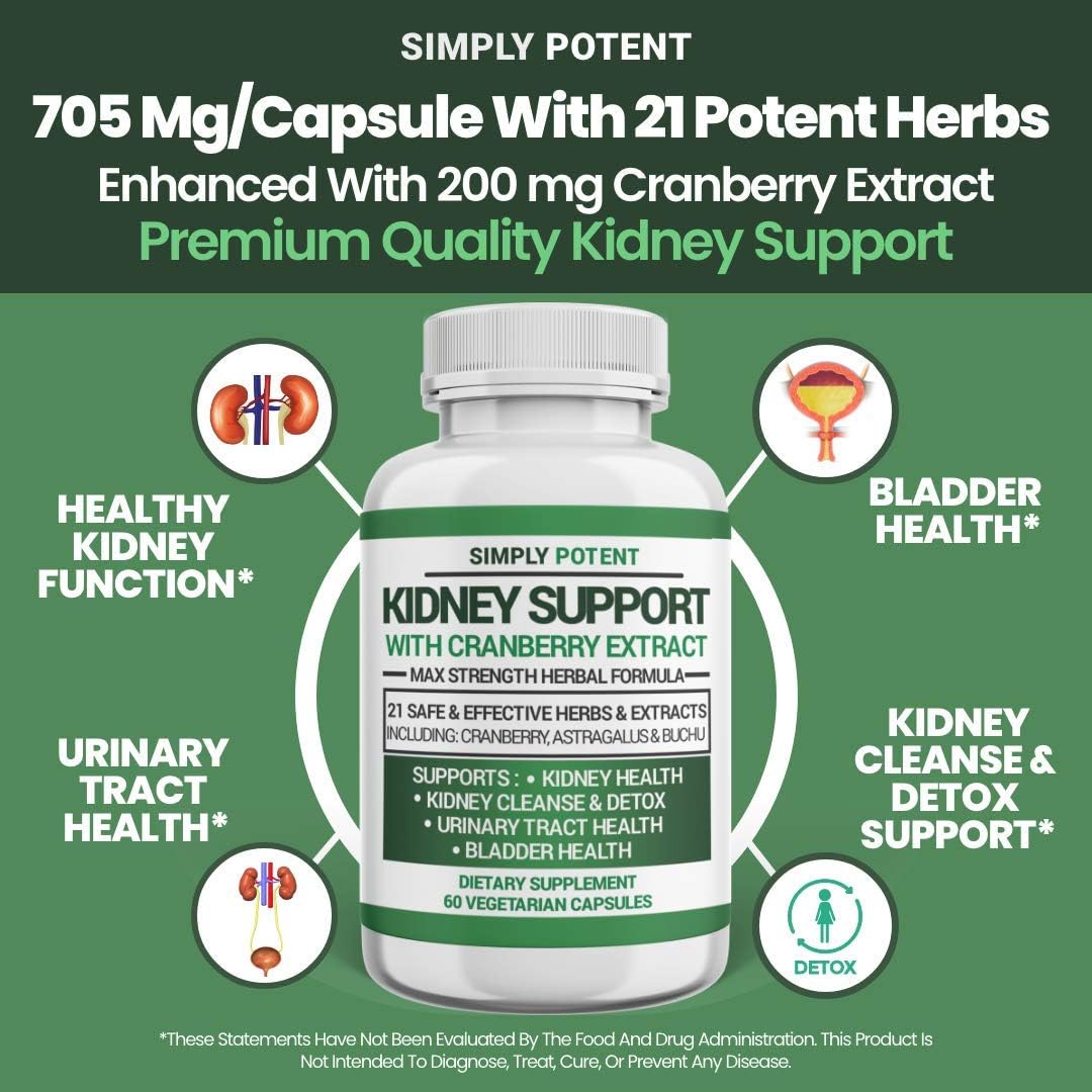 Potent Kidney Support Supplement with 21 Herbs for Health & Repair - Kidney Cleanse Detox Formula with Cranberry, Astragalus, Juniper - 60 Capsules