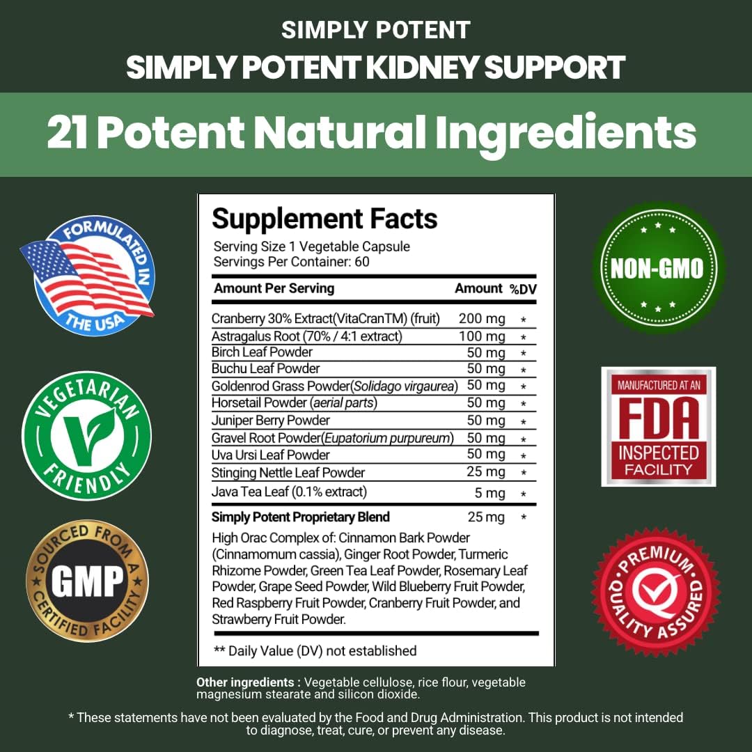 Potent Kidney Support Supplement with 21 Herbs for Health & Repair - Kidney Cleanse Detox Formula with Cranberry, Astragalus, Juniper - 60 Capsules