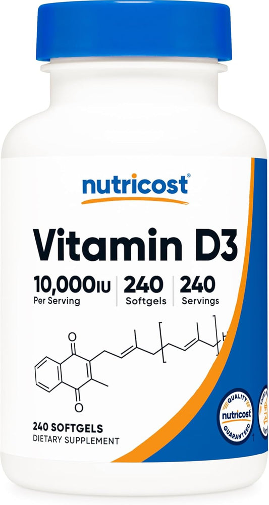 Potent Non-GMO Vitamin D3 10,000 IU Supplement, 240 Softgel Capsules - Gluten Free Formula by Nutricost