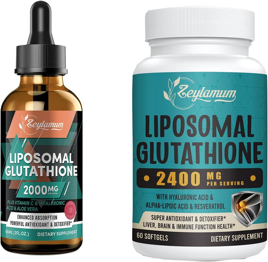 Powerful Antioxidant Liposomal Glutathione Bundle - 2400 MG Capsules & 2000 MG Liquid for Energy Boost, Immune Support, and Aging Defense