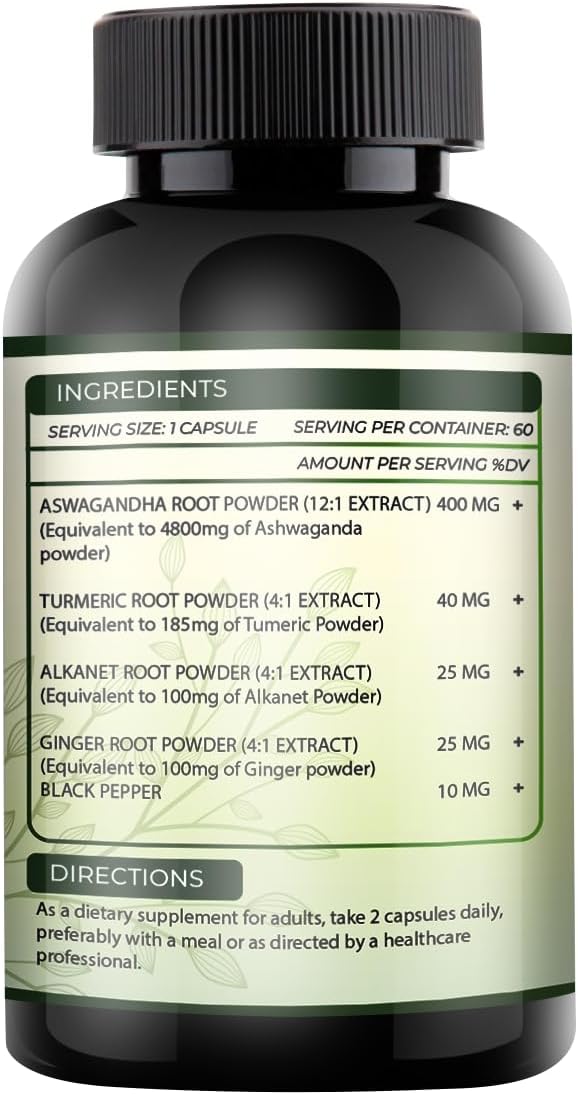 Powerful Ashwagandha Extract Capsules with Ginger, Turmeric, Alkanet Root, and Black Pepper - 5200mg Strength - 60 Capsules - 2 Month Supply
