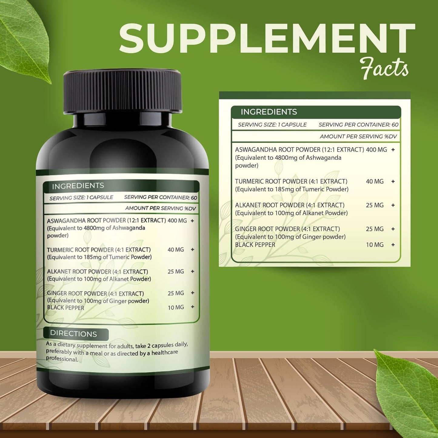 Powerful Ashwagandha Extract Capsules with Ginger, Turmeric, Alkanet Root, and Black Pepper - 5200mg Strength - 60 Capsules - 2 Month Supply