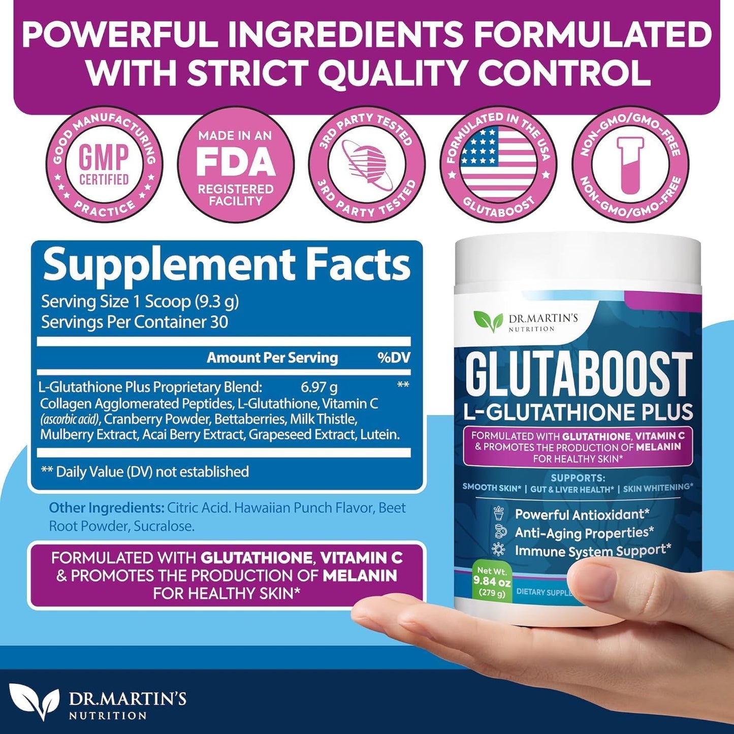 Powerful Glutathione Powder with Collagen & Vitamin C | Anti-Aging & Skin Brightening Formula | Immune, Gut & Liver Support | Dr. Martin's Nutrition