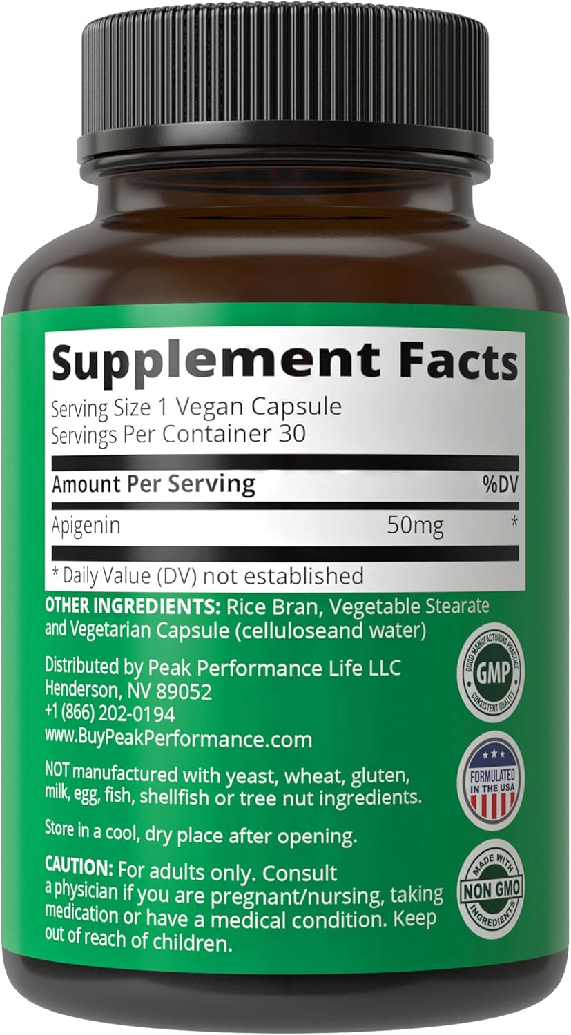Powerful Vegan Apigenin Capsules for Peak Performance, Relaxation, and Prostate Support - Non GMO, 50mg - Made in USA