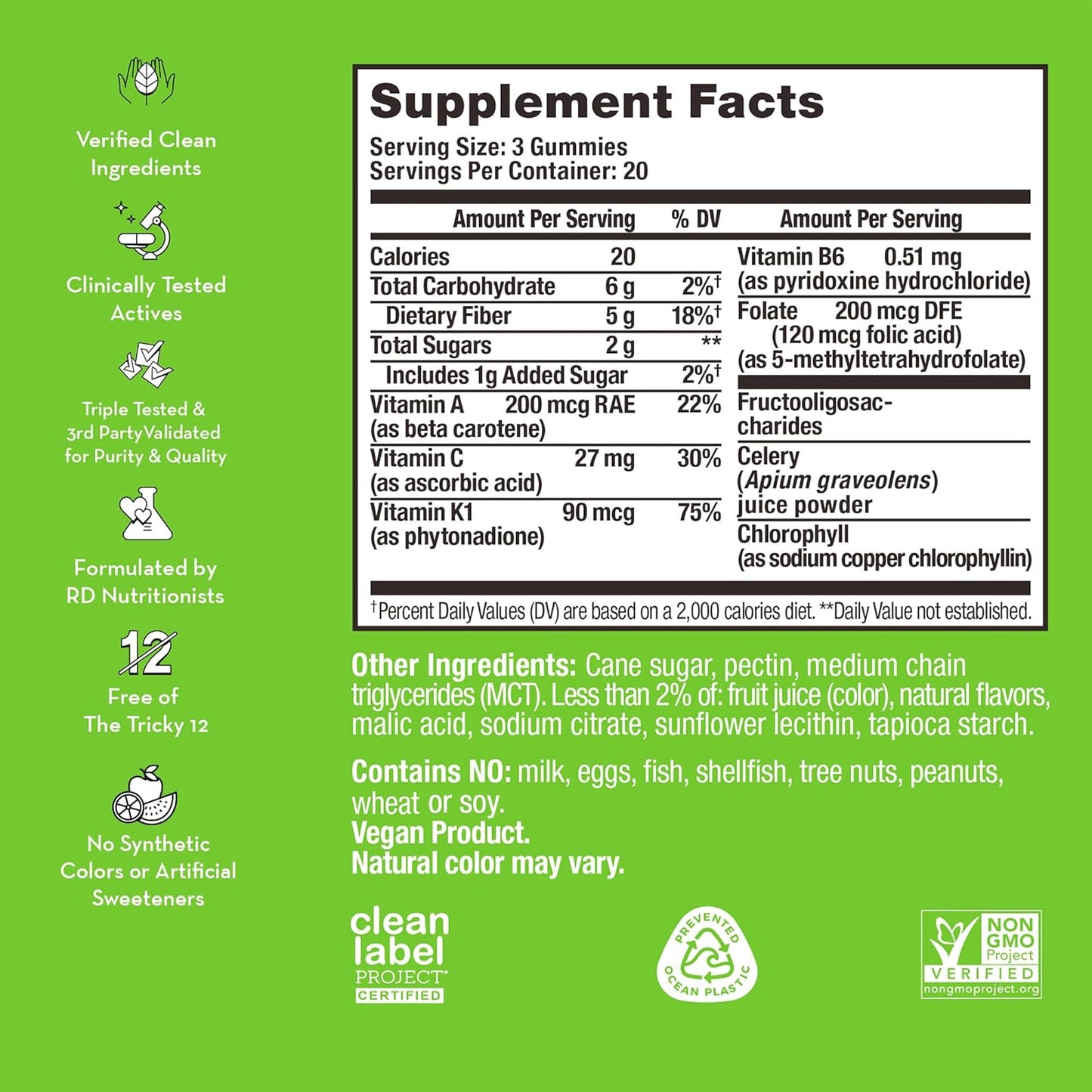 Prebiotic Celery Juice Fiber Gummies for Detox & Daily Green Boost - Chlorophyll & Prebiotic Fiber (60-Count)
