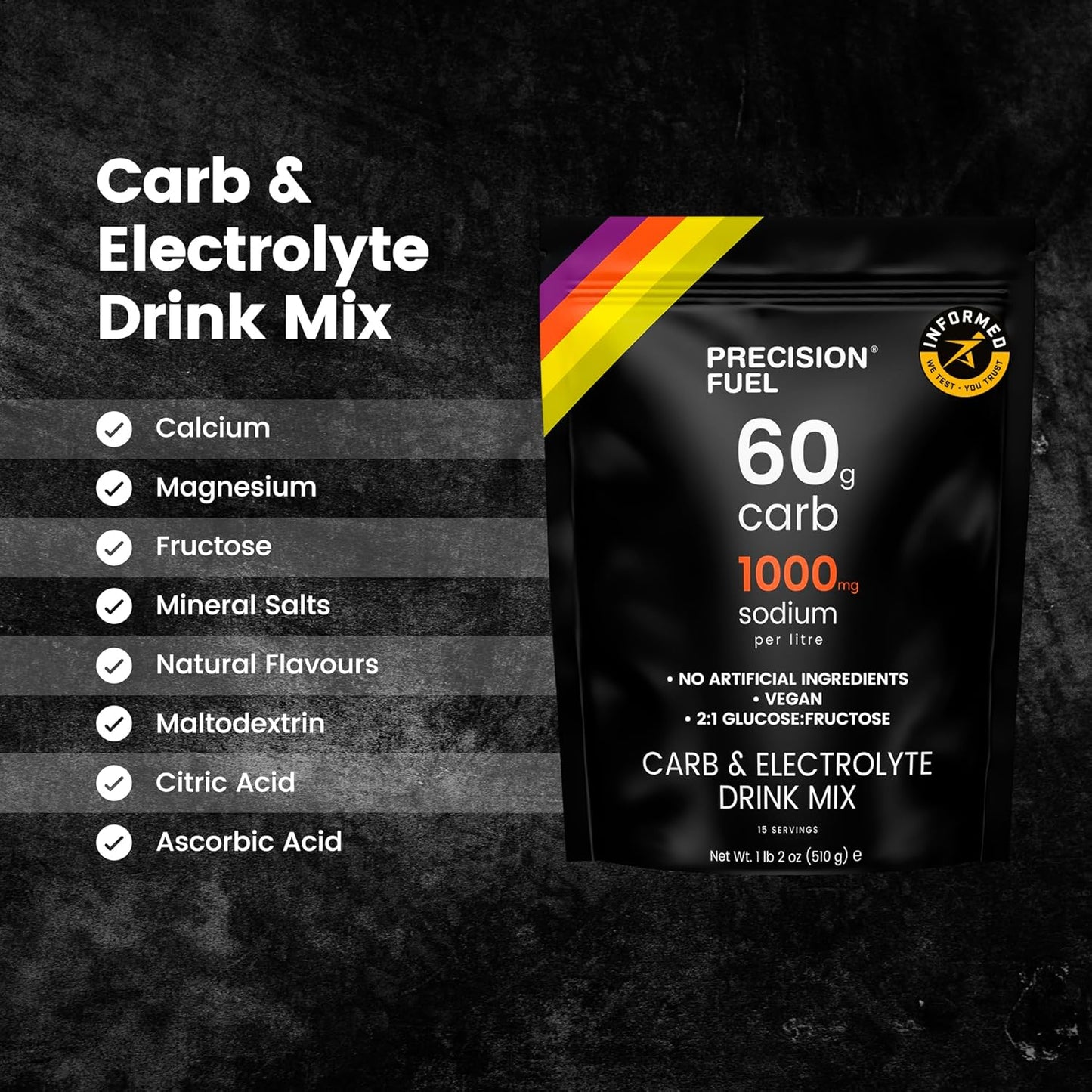 Precision Hydration PF 60 Carb & Electrolyte Drink Mix Powder - Endurance Sports Nutrition with Mild Citrus Flavor - Vegan Formula, Hypotonic - 60g Carb, 1000mg Sodium/L