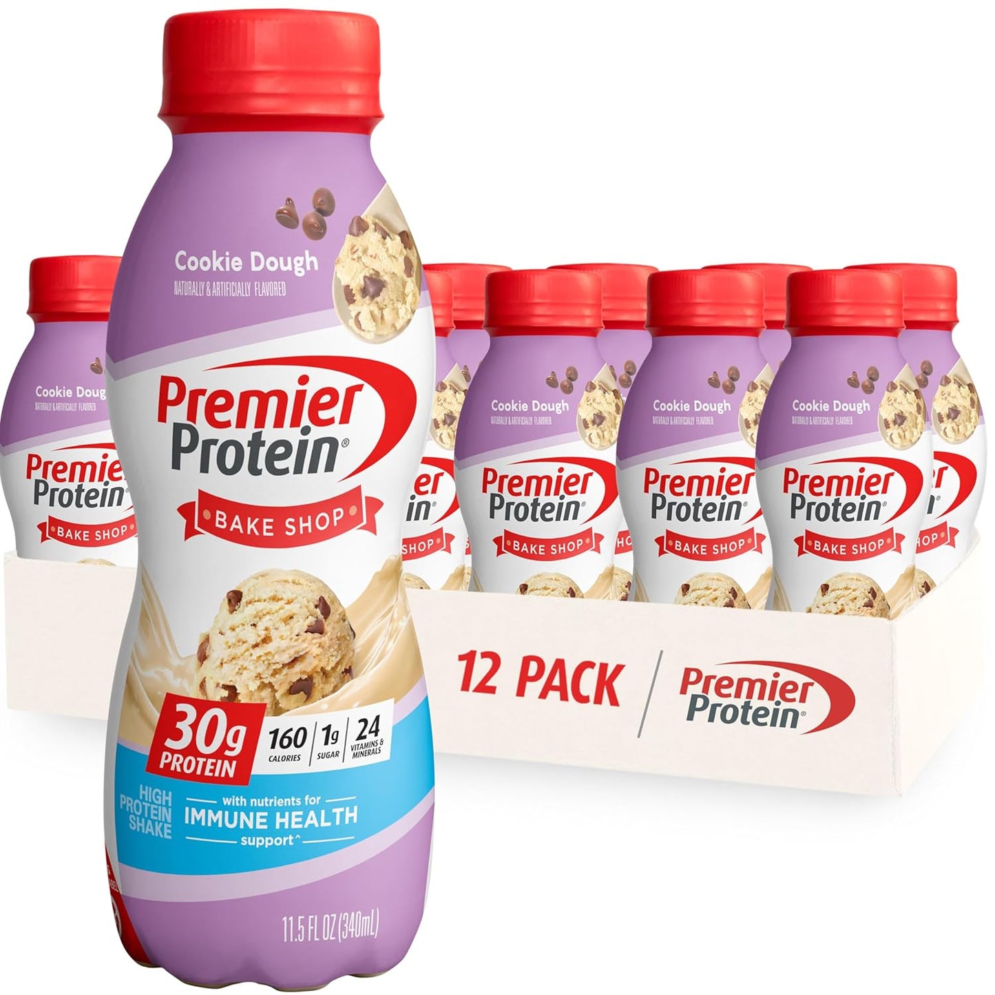Premier Protein Cookie Dough Shake - 30g Protein, 1g Sugar, 24 Vitamins & Minerals, Immune Health Support - 11.5 fl oz (Pack of 12)