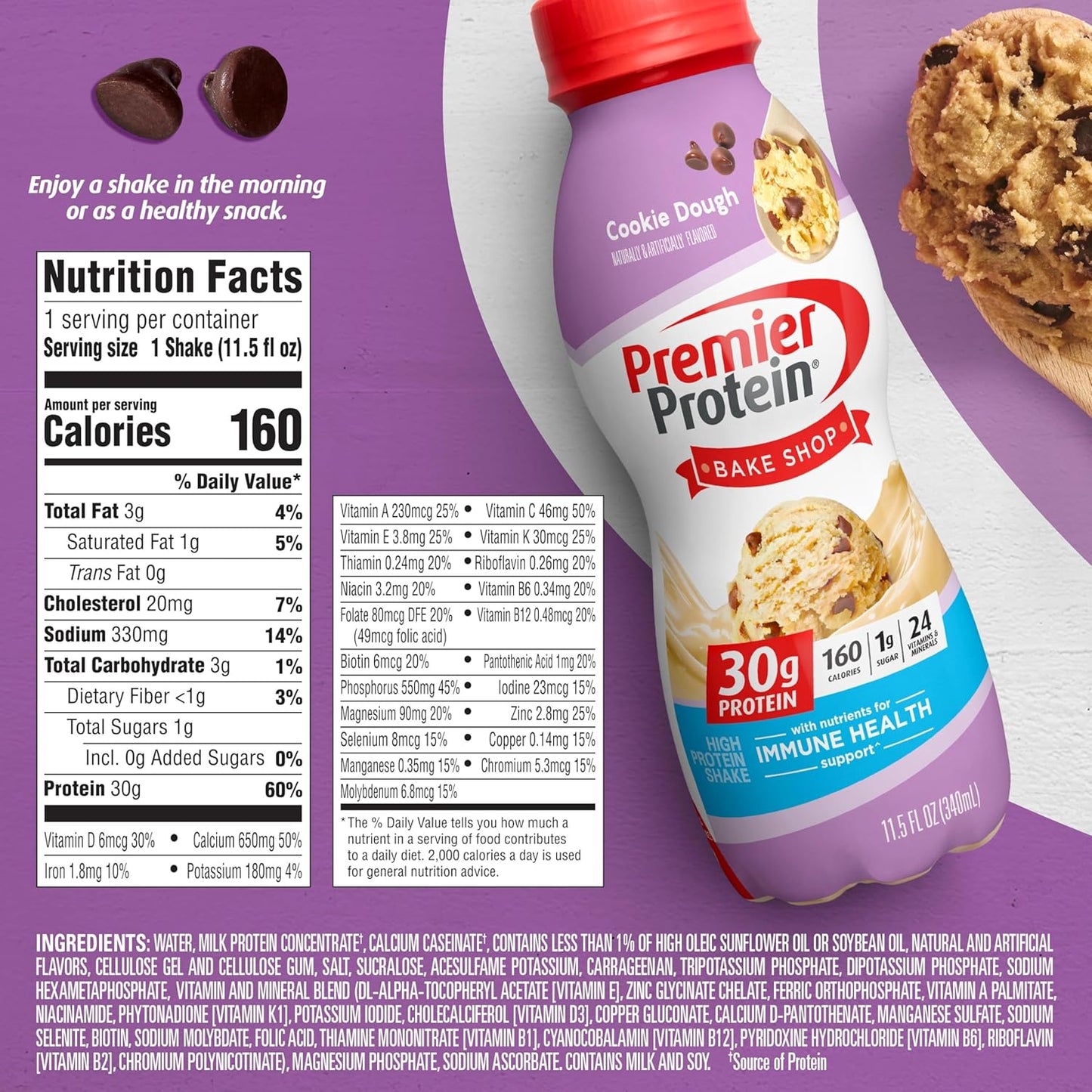 Premier Protein Cookie Dough Shake - 30g Protein, 1g Sugar, 24 Vitamins & Minerals, Immune Health Support - 11.5 fl oz (Pack of 12)