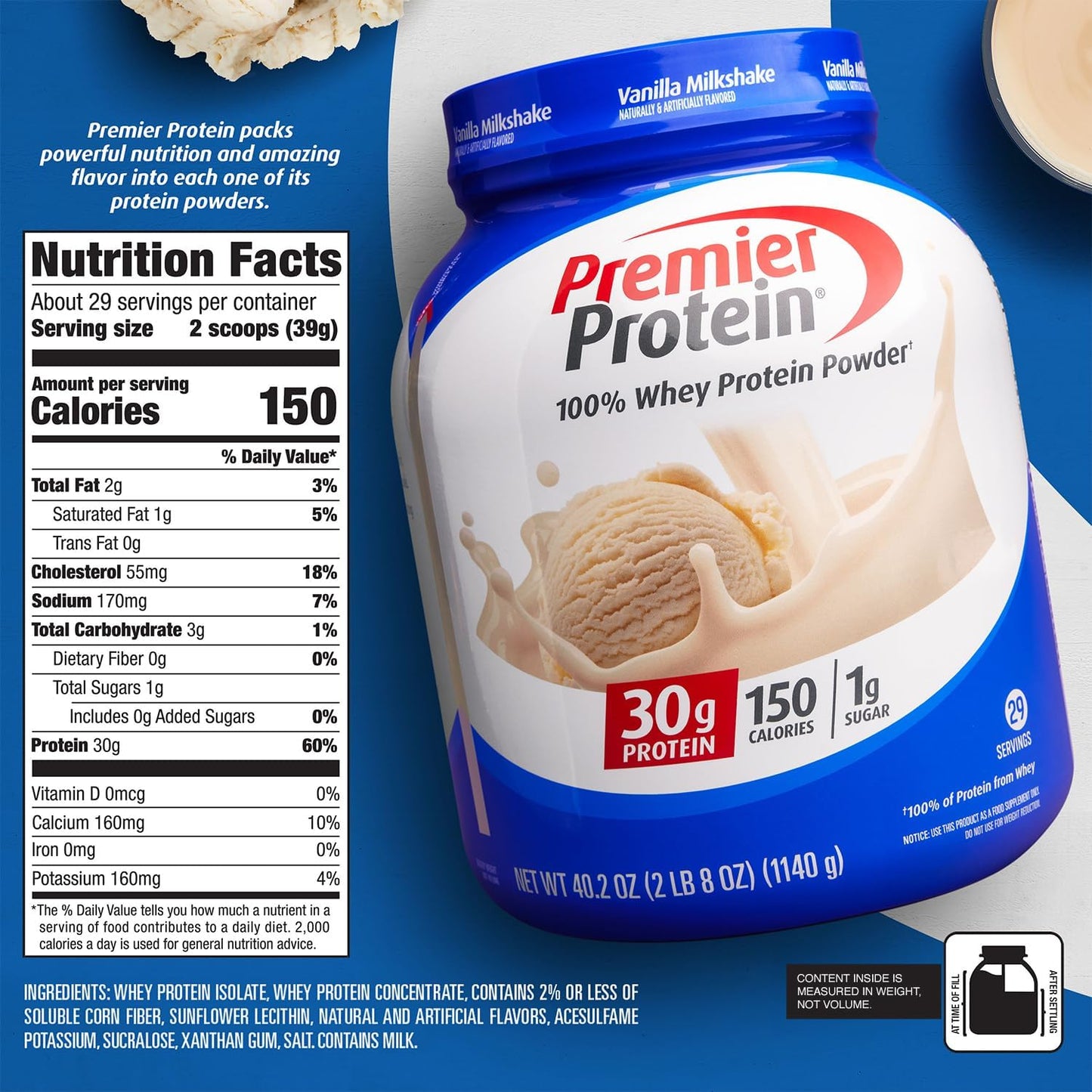 Premier Protein Vanilla Milkshake Powder with 30g Protein, No Soy, Gluten-Free - 29 Servings, 40.2oz