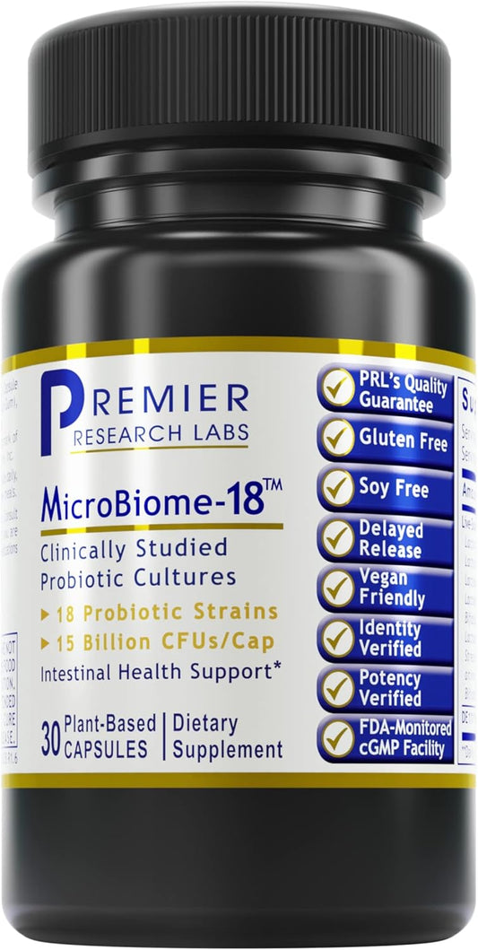 Premier Research Labs MicroBiome-18 - Probiotics for Digestive Health with Lactobacillus Acidophilus - 30 Vegetarian Capsules