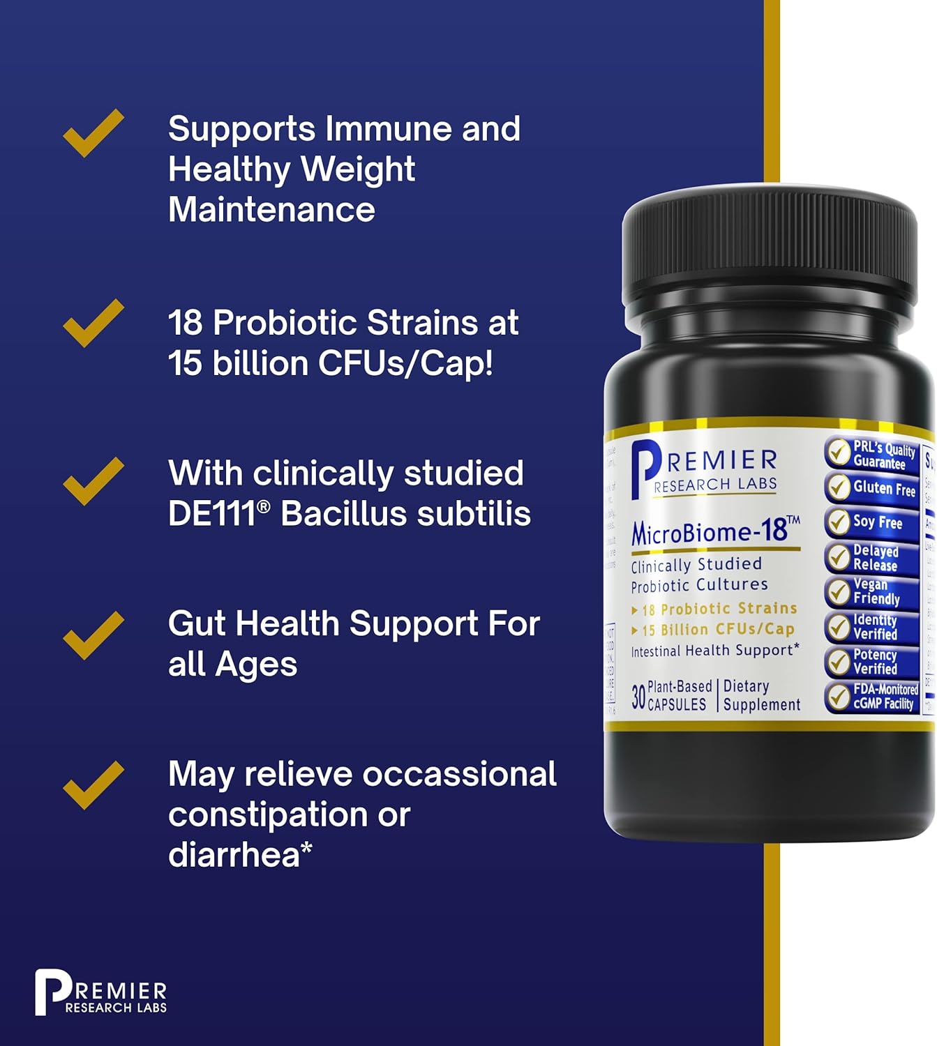 Premier Research Labs MicroBiome-18 - Probiotics for Digestive Health with Lactobacillus Acidophilus - 30 Vegetarian Capsules