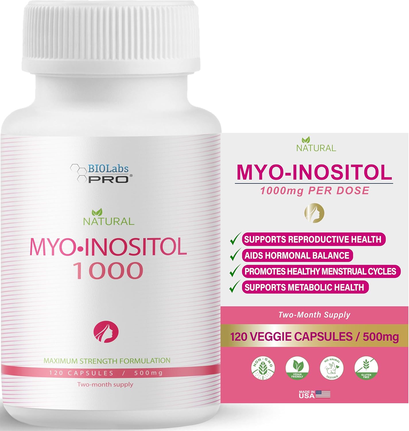 Premium 1000mg Myo-Inositol Supplement for Cellular Health & Wellness - Non-GMO, Gluten-Free, Kosher Certified - 120 Capsules (2-Month Supply) by BIOLABS PRO