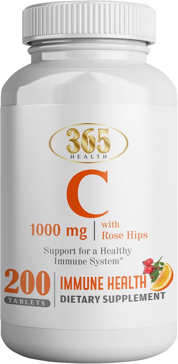 Premium 1000mg Vitamin C with Rose Hips Capsules (200 Count) - Boosts Immunity, Antioxidants, Healthy Aging - Vegan and Non-GMO Supplement