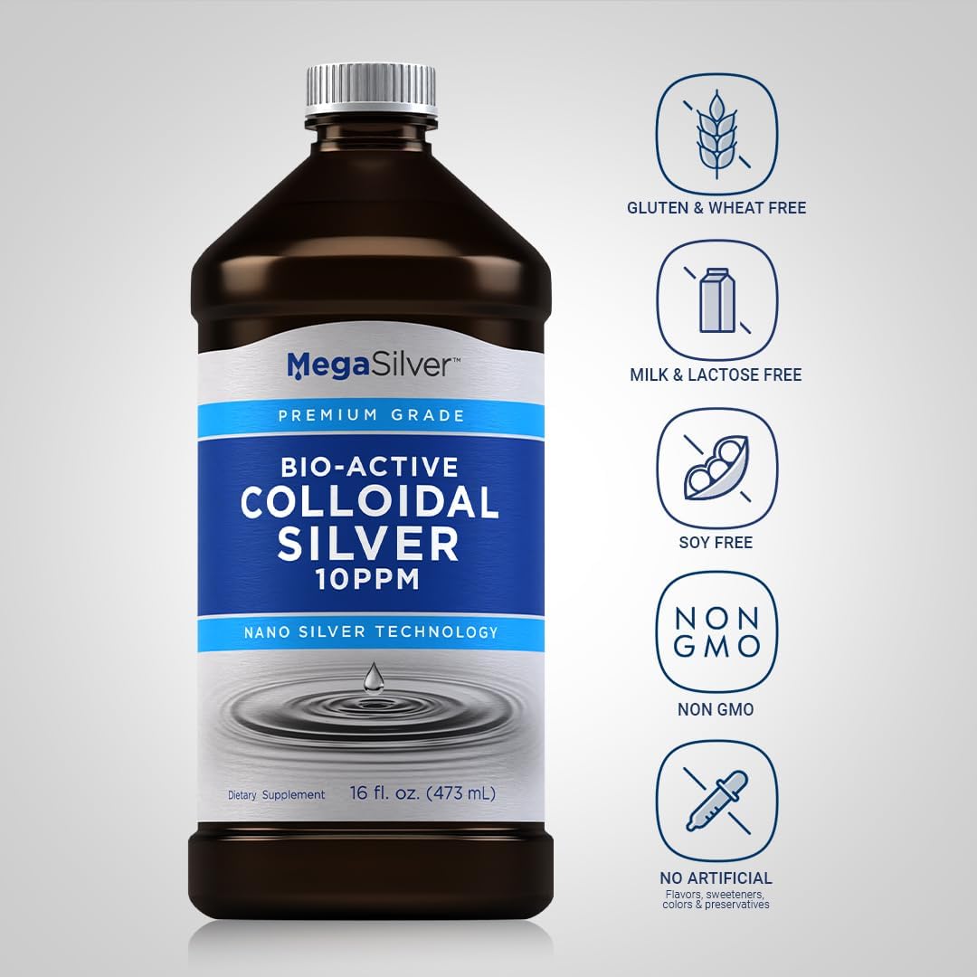 Premium 10PPM Colloidal Silver Liquid - 16 fl oz - Bio-Active Nano Silver Technology - Non GMO, Gluten Free - Piping Rock