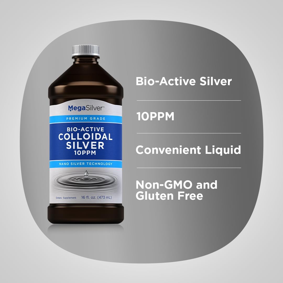 Premium 10PPM Colloidal Silver Liquid - 16 fl oz - Bio-Active Nano Silver Technology - Non GMO, Gluten Free - Piping Rock