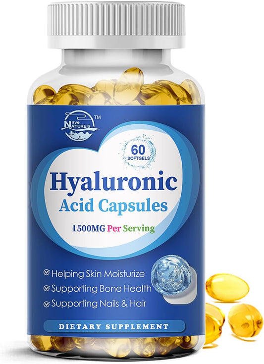 Premium 1500mg Hyaluronic Acid Supplements for Skin, Joints, Hair & Nails - 60 Capsules - Double Strength Formula for Hydration