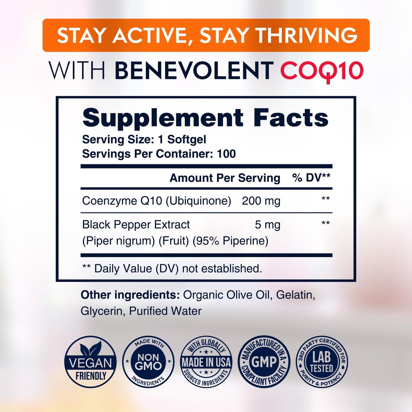 Premium 200mg CoQ10 Softgels for Heart Health & Energy Production - Antioxidant Formula for Healthy Aging - Non-GMO - 100 Count