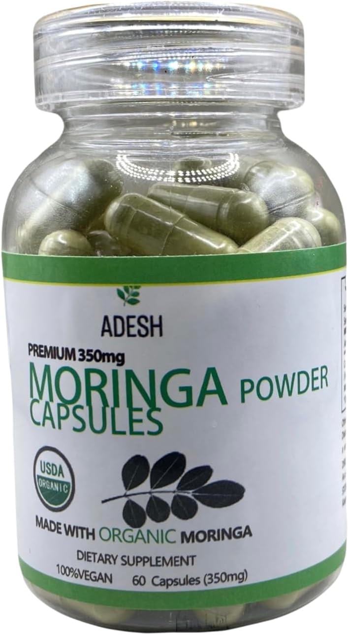 Premium 350mg Adesh Organic Moringa Leaf Green Superfood Capsules - Energy, Metabolism & Immune Support - 60 ct Vegan Supplement