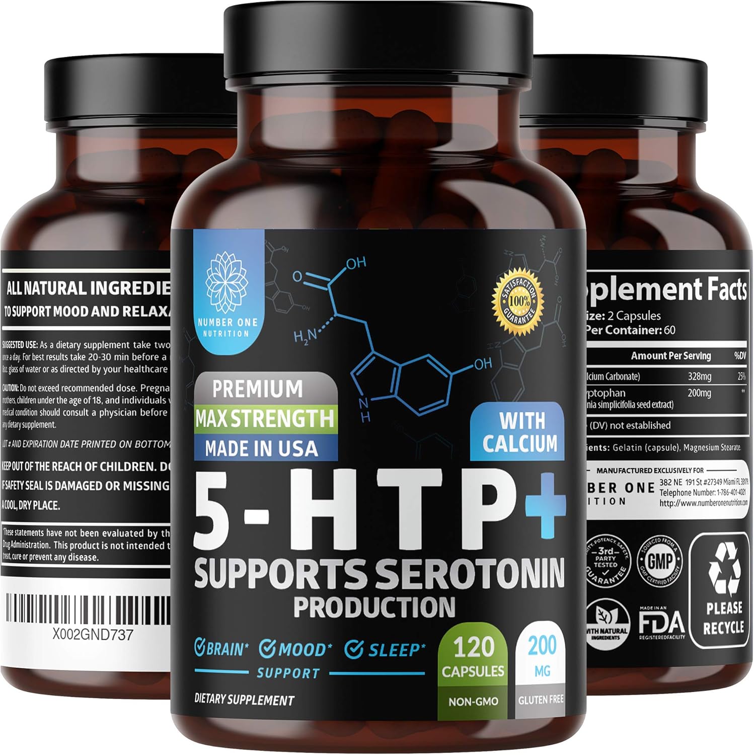 Premium 5-HTP 200mg Capsules with Calcium from Griffonia Seed Extract - Non GMO & Gluten Free (120 Count)