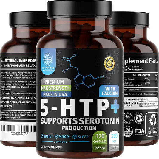 Premium 5-HTP 200mg Capsules with Calcium from Griffonia Seed Extract - Non GMO & Gluten Free (120 Count)