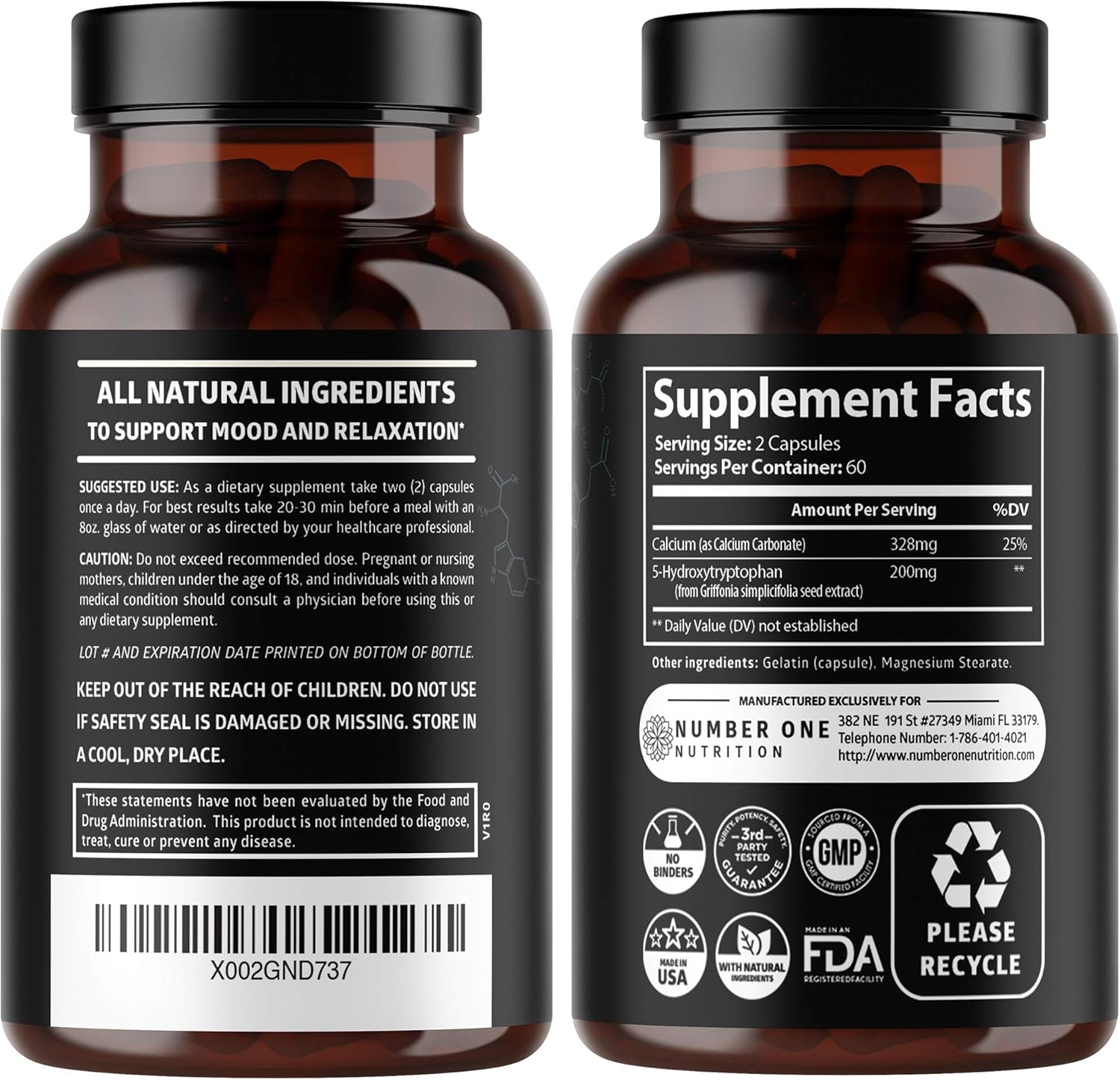 Premium 5-HTP 200mg Capsules with Calcium from Griffonia Seed Extract - Non GMO & Gluten Free (120 Count)