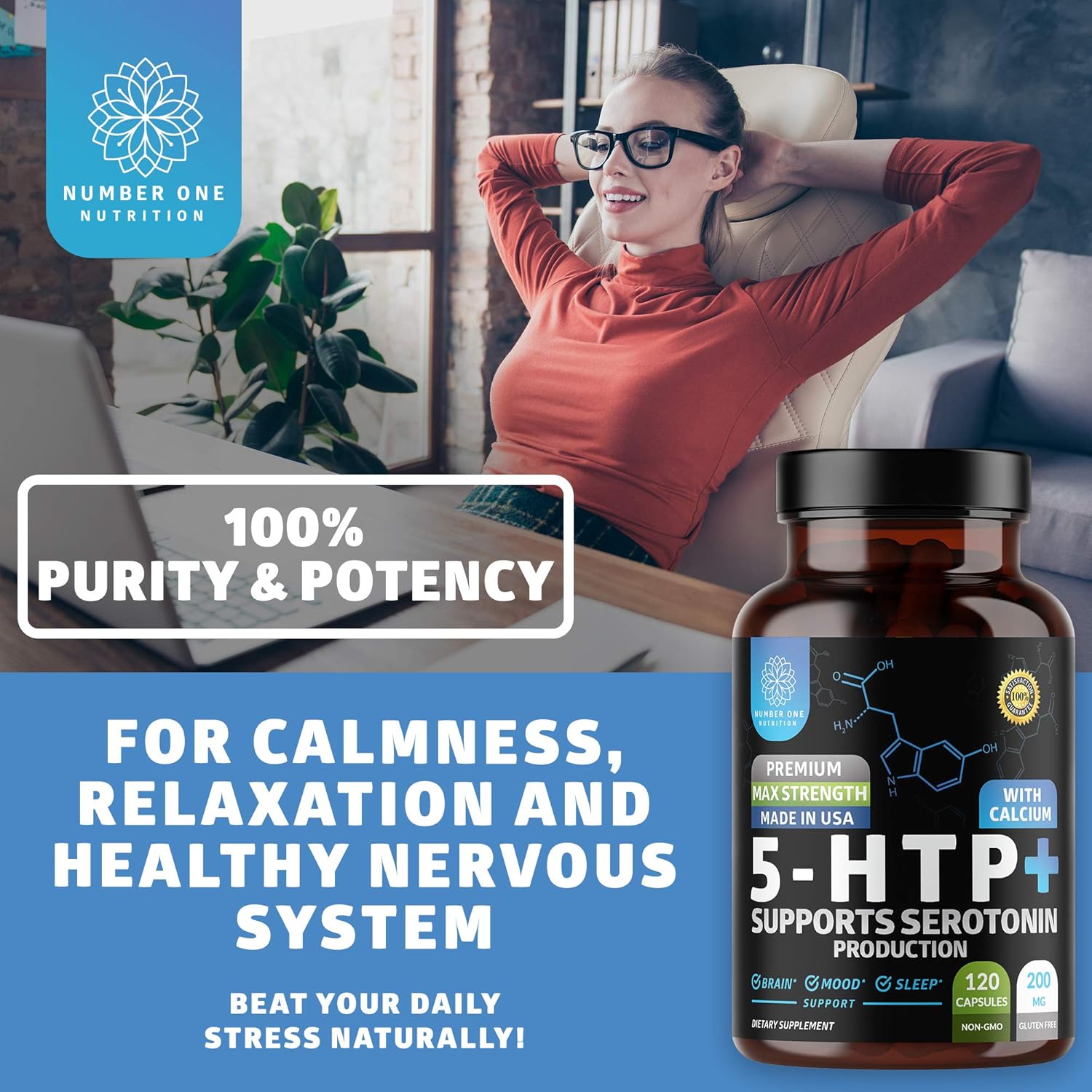 Premium 5-HTP 200mg Capsules with Calcium from Griffonia Seed Extract - Non GMO & Gluten Free (120 Count)