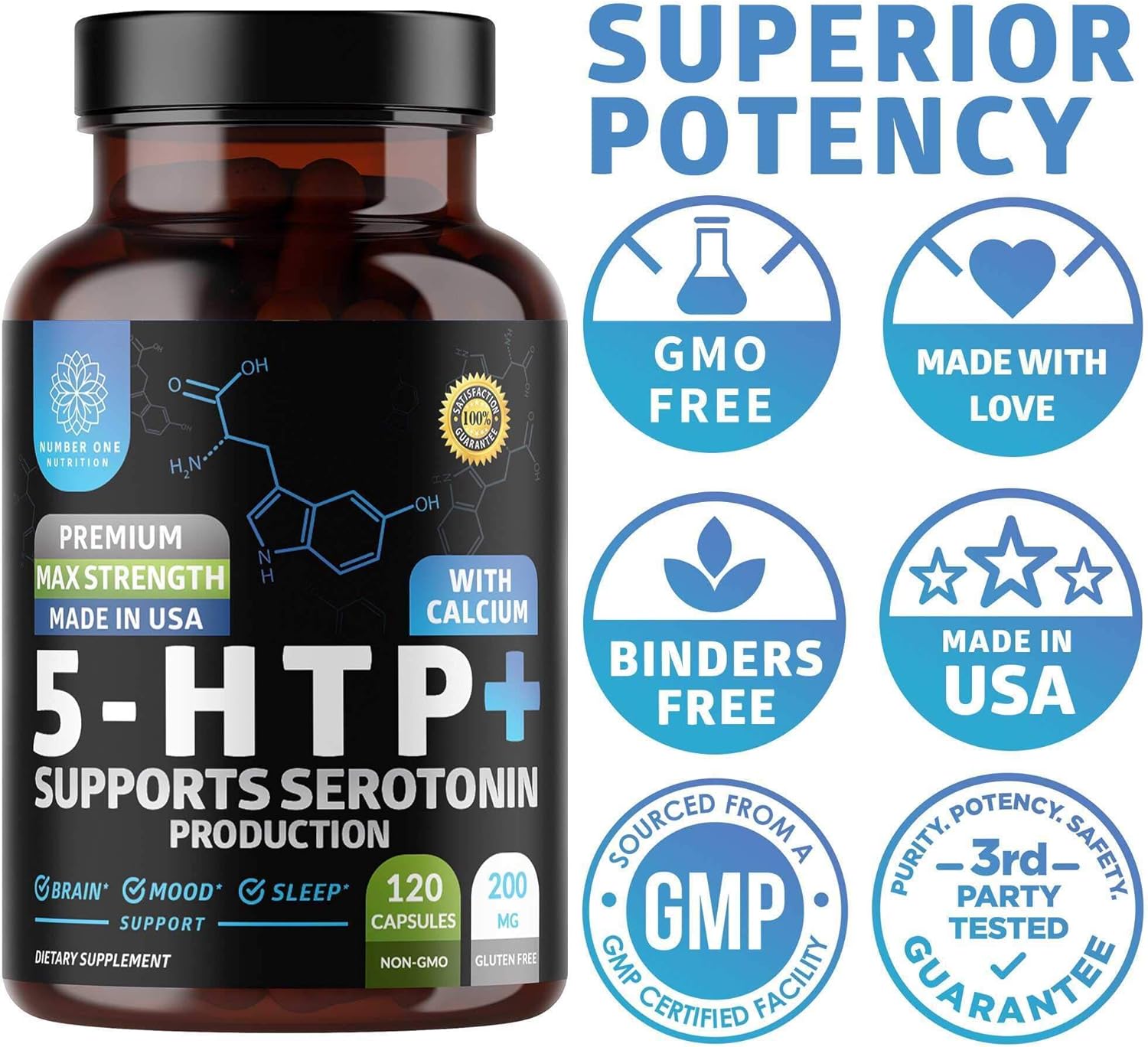 Premium 5-HTP 200mg Capsules with Calcium from Griffonia Seed Extract - Non GMO & Gluten Free (120 Count)