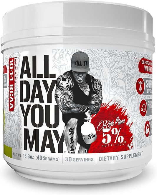 Premium 5% Nutrition Rich Piana AllDayYouMay BCAA Powder - Lemon Lime Flavor - 15.3 oz - 30 Servings - Ideal for Hydration, Endurance, Muscle Recovery & Joint Support