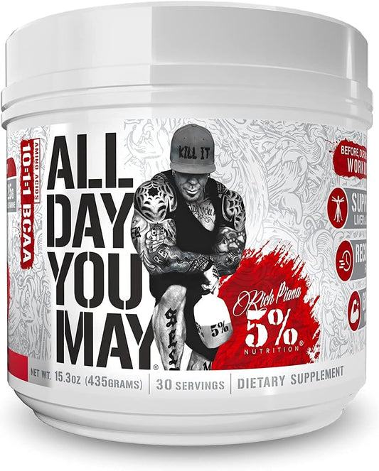 Premium 5% Nutrition Rich Piana AllDayYouMay BCAA Powder for Hydration & Muscle Recovery - Watermelon Flavor, 15.3 oz, 30 Servings