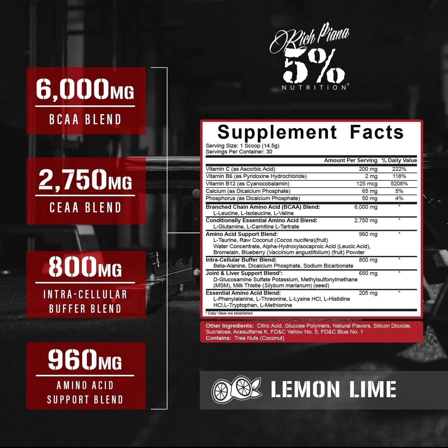 Premium 5% Nutrition Rich Piana AllDayYouMay BCAA Powder - Lemon Lime Flavor - 15.3 oz - 30 Servings - Ideal for Hydration, Endurance, Muscle Recovery & Joint Support