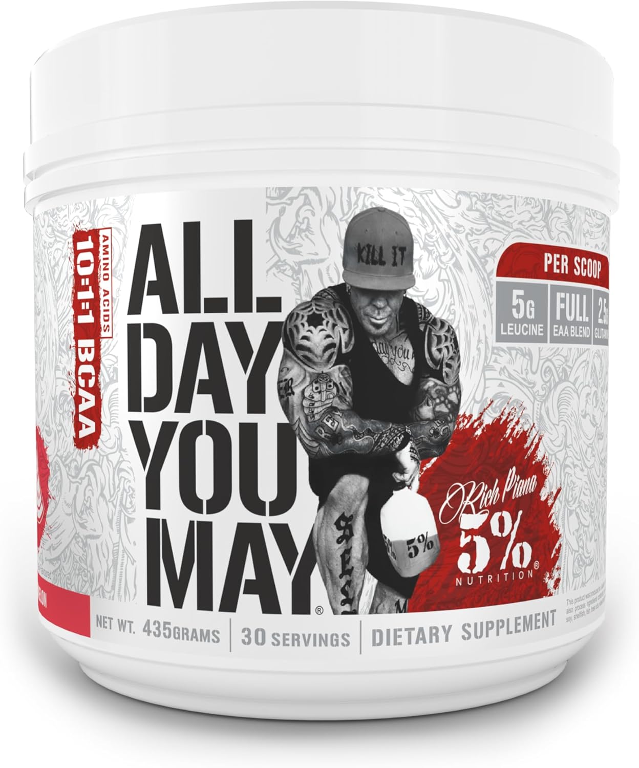 Premium 5% Nutrition Rich Piana AllDayYouMay BCAA Powder for Hydration & Muscle Recovery - Watermelon Flavor, 15.3 oz, 30 Servings