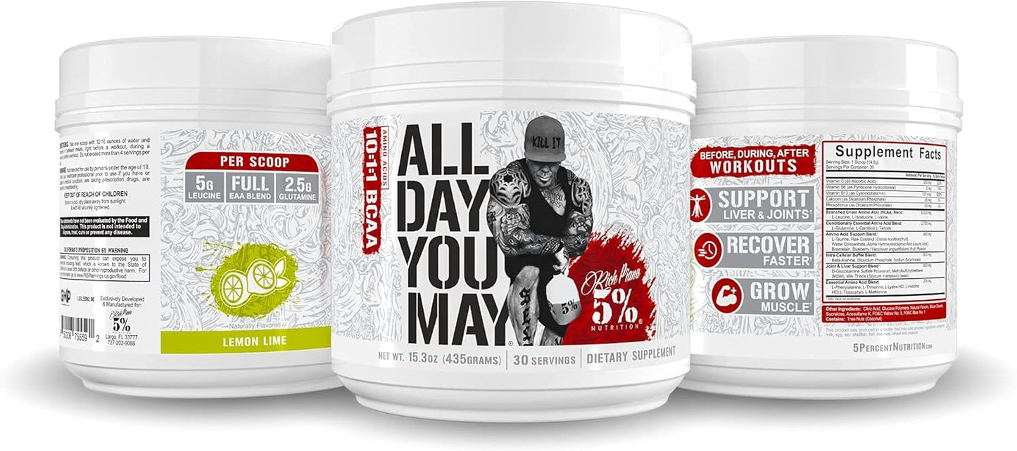 Premium 5% Nutrition Rich Piana AllDayYouMay BCAA Powder - Lemon Lime Flavor - 15.3 oz - 30 Servings - Ideal for Hydration, Endurance, Muscle Recovery & Joint Support