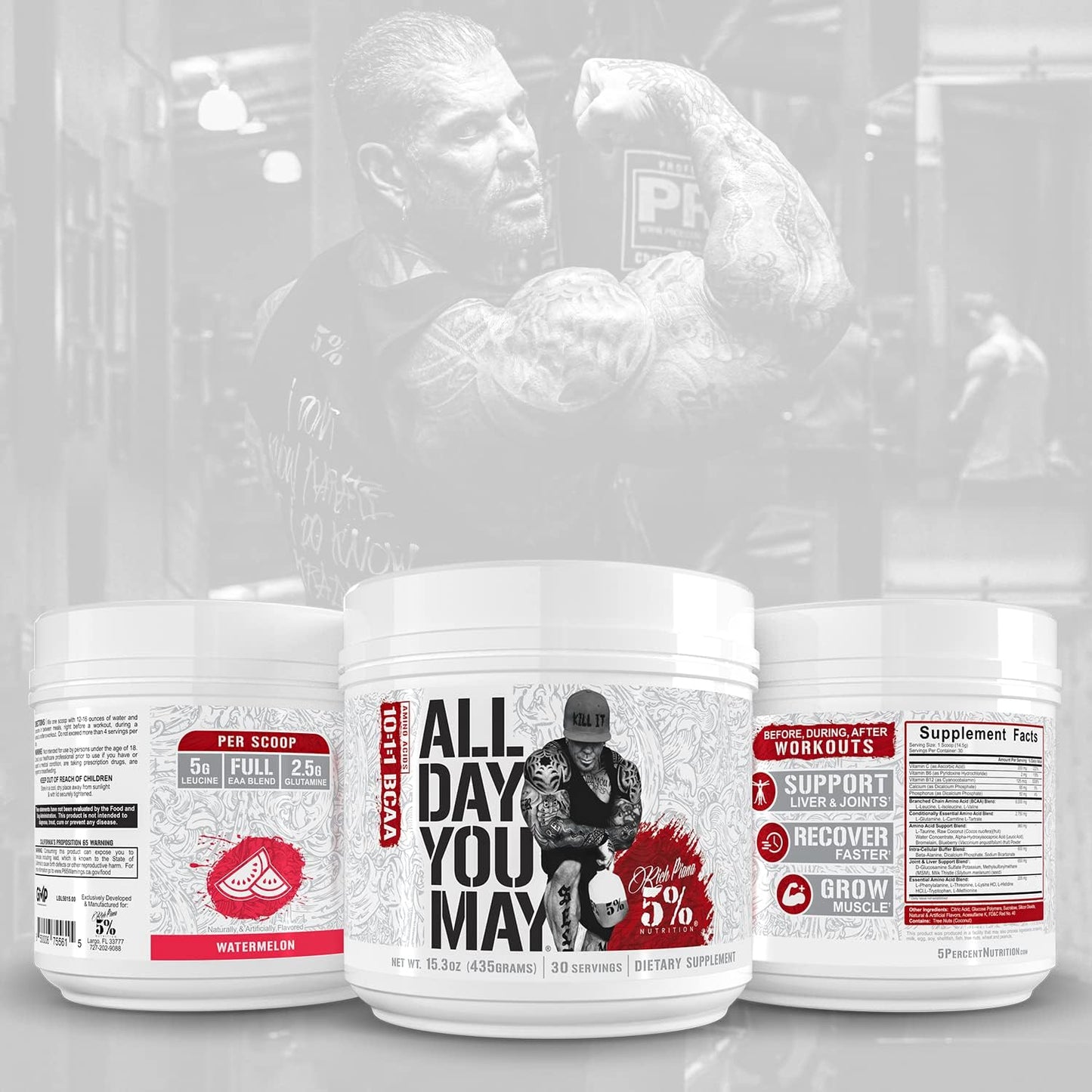 Premium 5% Nutrition Rich Piana AllDayYouMay BCAA Powder for Hydration & Muscle Recovery - Watermelon Flavor, 15.3 oz, 30 Servings