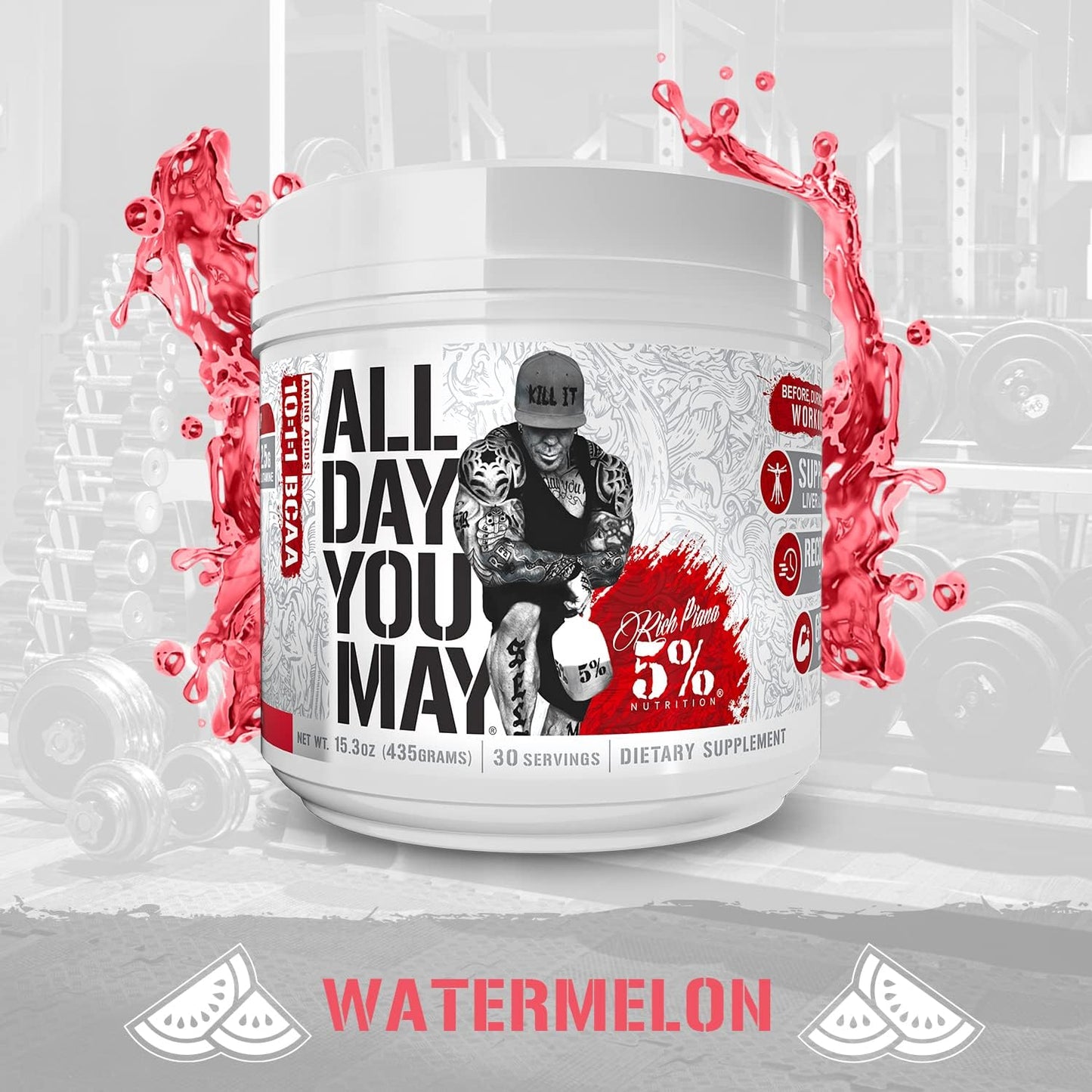 Premium 5% Nutrition Rich Piana AllDayYouMay BCAA Powder for Hydration & Muscle Recovery - Watermelon Flavor, 15.3 oz, 30 Servings
