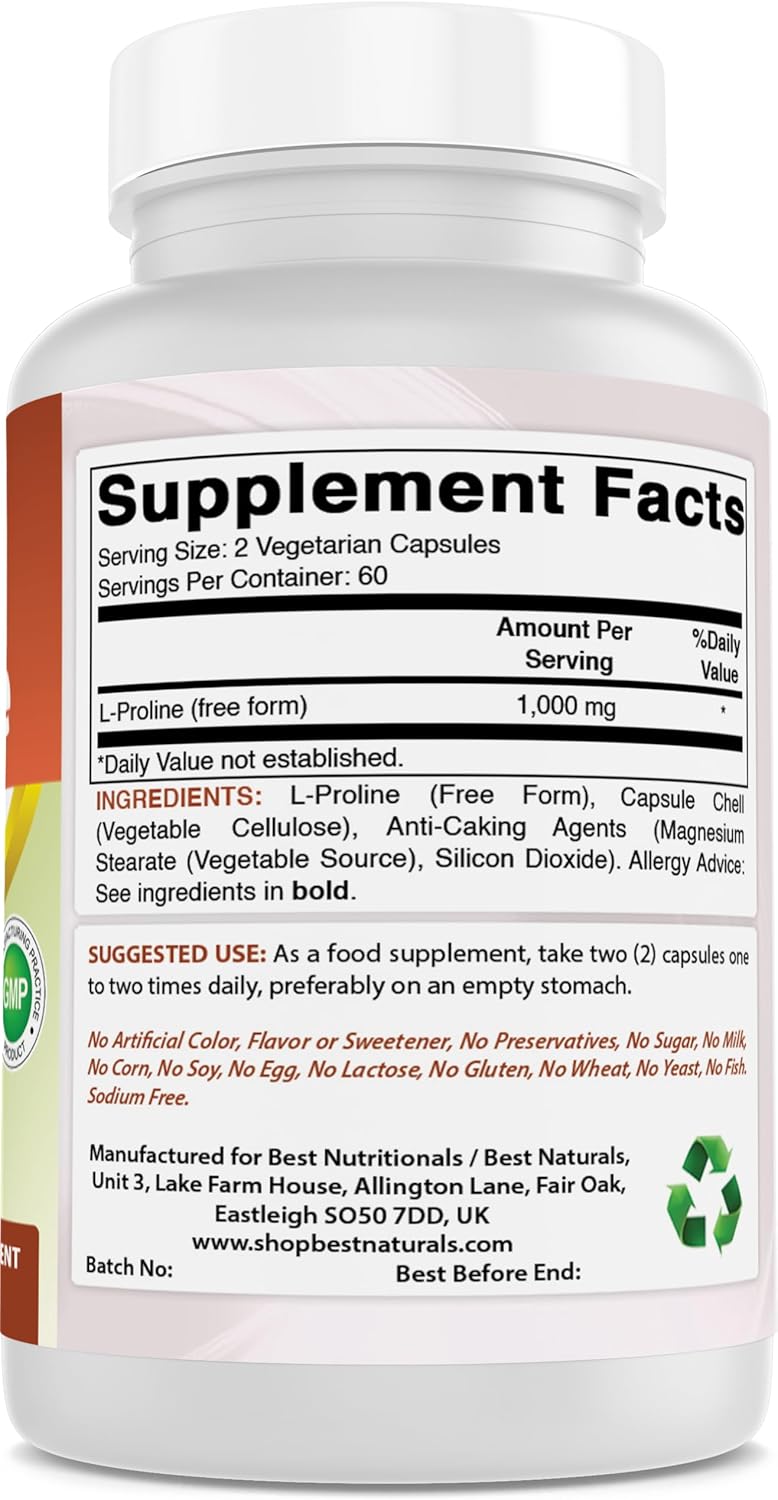 Premium 500mg L-Proline Amino Acid Supplement - 120 Capsules for Healthy Joints and Connective Tissue