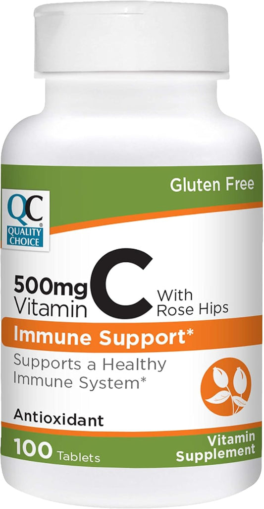 Premium 500mg Vitamin C with Rose Hip Tablets for Immune System - 100 Count Bottle