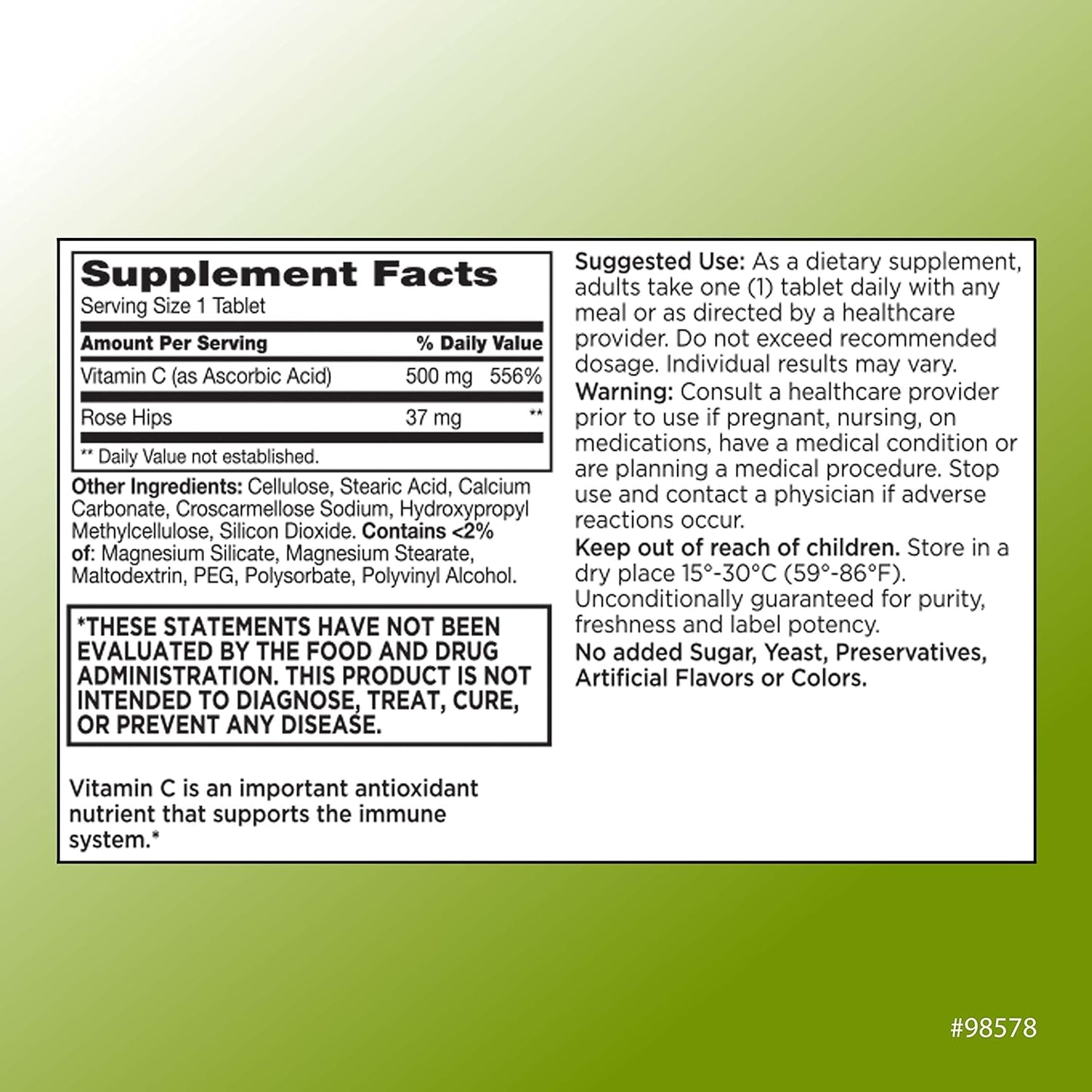 Premium 500mg Vitamin C with Rose Hip Tablets for Immune System - 100 Count Bottle