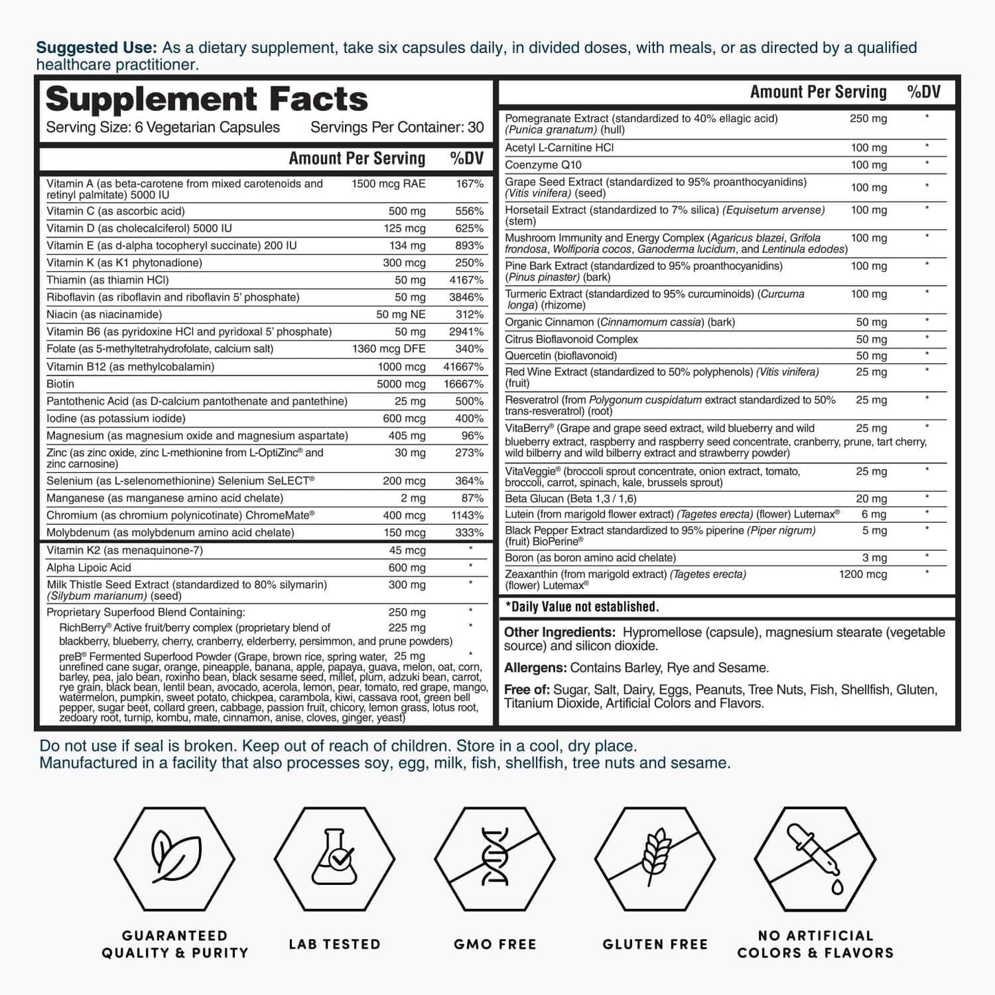 Premium 6-in-1 Multivitamin with 90+ Nutrients, Minerals, Antioxidants, Herbs - 180 Capsules