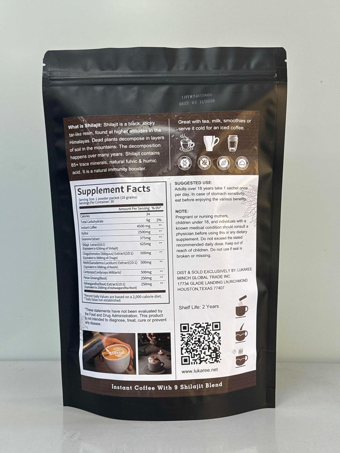 Premium 9-In-1 Shilajit Coffee Powder with Chaga, Reishi, Cordyceps, Ginseng, Guarana & Minerals, 30 Servings