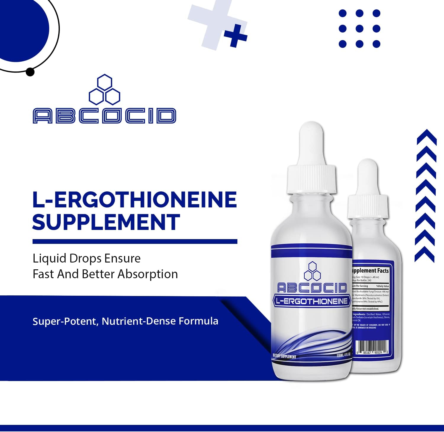 Premium ABCOCID L-Ergothioneine Liquid Supplement 490mg - 4 Oz Bottle - 240 Servings - Made in USA - Fast Absorption - High-Quality Ingredients - Non-GMO - GMP Certified - Cruelty-Free Formula